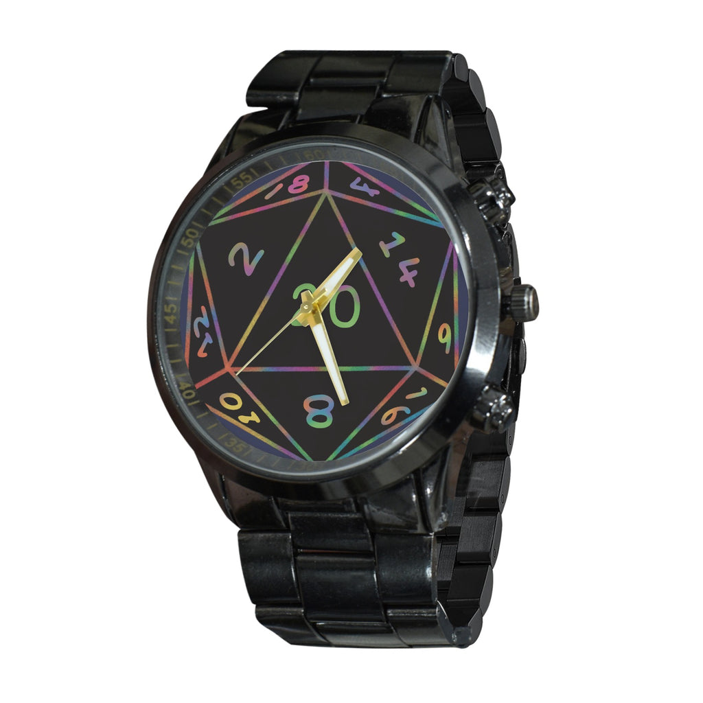 A black metal link watch with a glossy black case and band, featuring a colorful D20 die-cut dial with rainbow-colored numbers and hands.