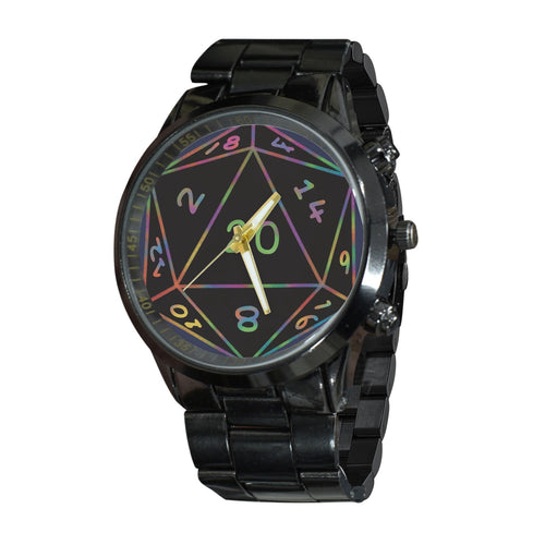 A black metal link watch with a glossy black case and band, featuring a colorful D20 die-cut dial with rainbow-colored numbers and hands.