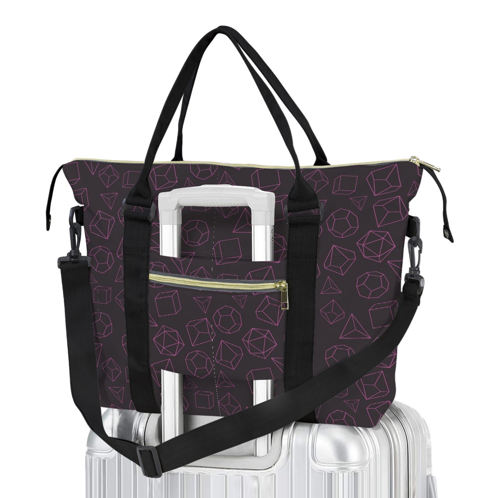 Black and gold patterned bag with a strap on a white background