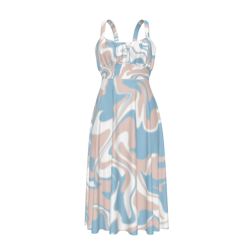 A sleeveless midi dress with a pleated skirt and halter-style straps, featuring an abstract marbled pattern in light blue, dusty pink, and white on a plain white background.