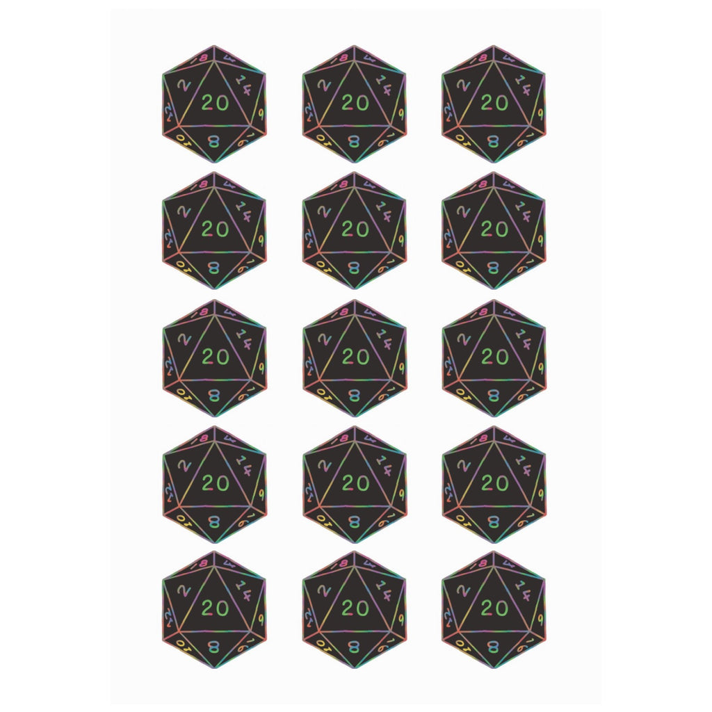 Set of 12 D20 dice with multicolored faces on a white background