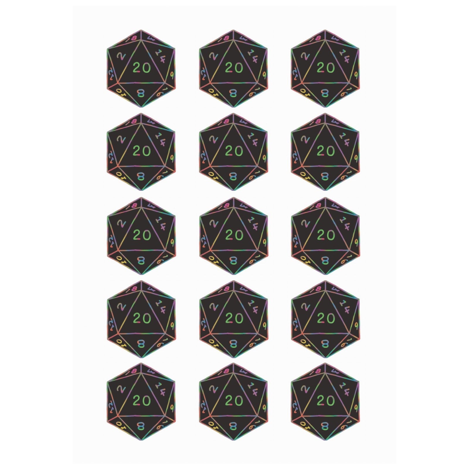 Set of 12 D20 dice with multicolored faces on a white background