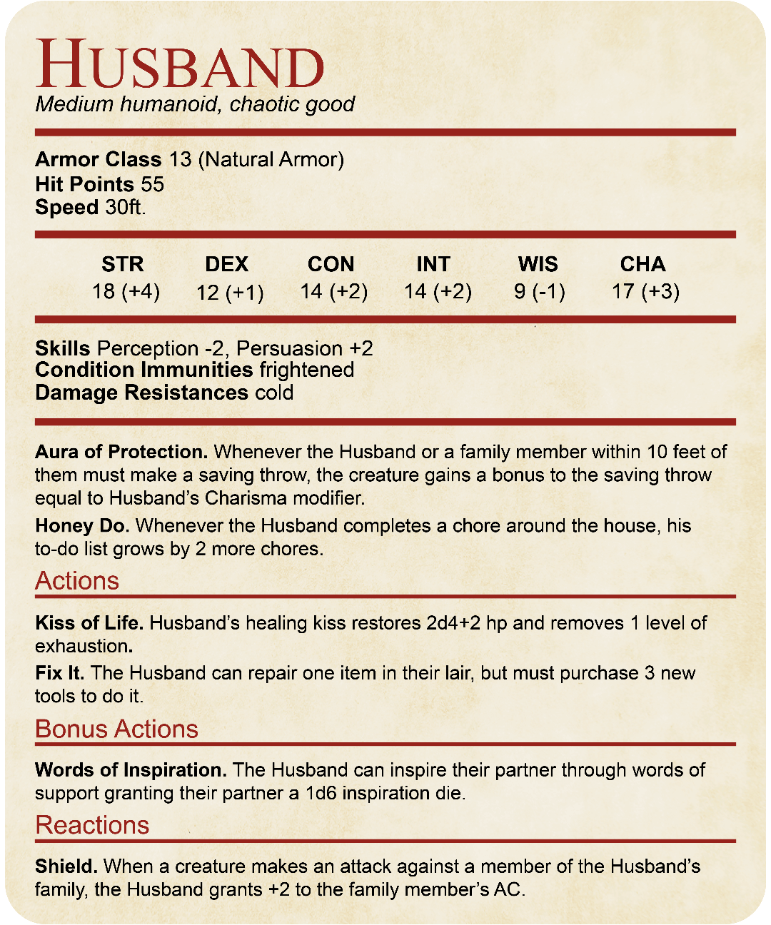 D&D Husband Stat Block T-Shirt