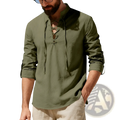 Men's Lace Up Linen Henley Shirt with Roll Up Sleeves