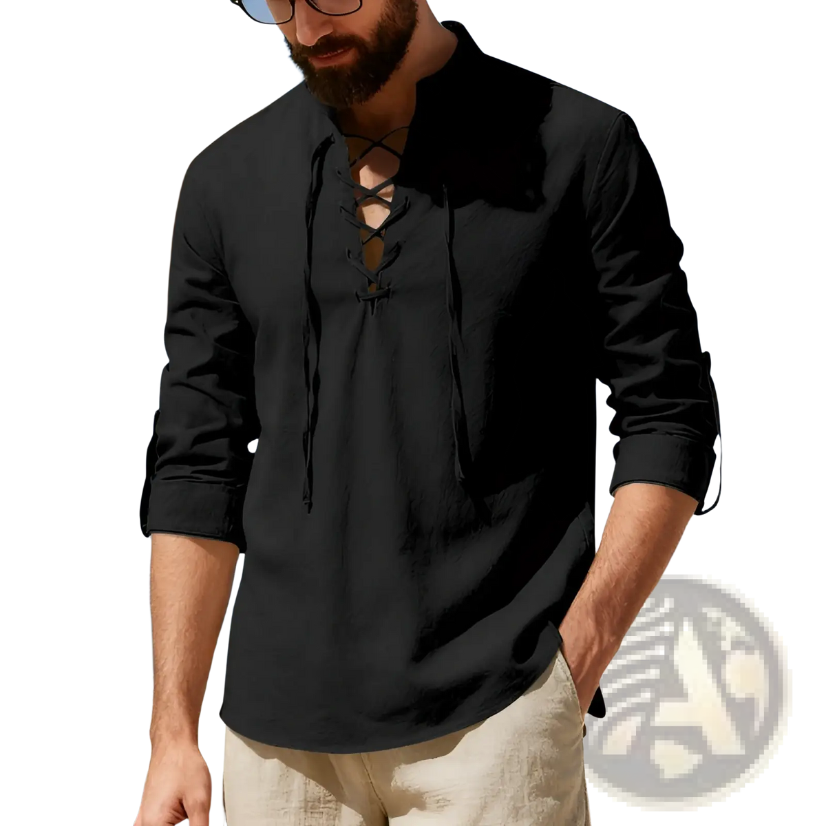 Men's Lace Up Linen Henley Shirt with Roll Up Sleeves