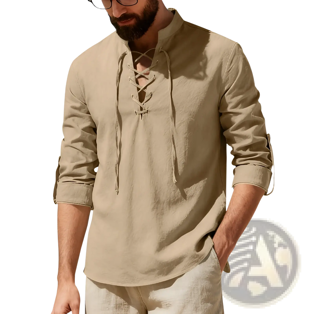 Men's Lace Up Linen Henley Shirt with Roll Up Sleeves