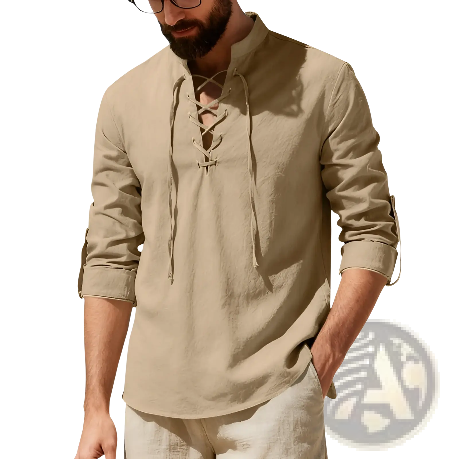 Men's Lace Up Linen Henley Shirt with Roll Up Sleeves