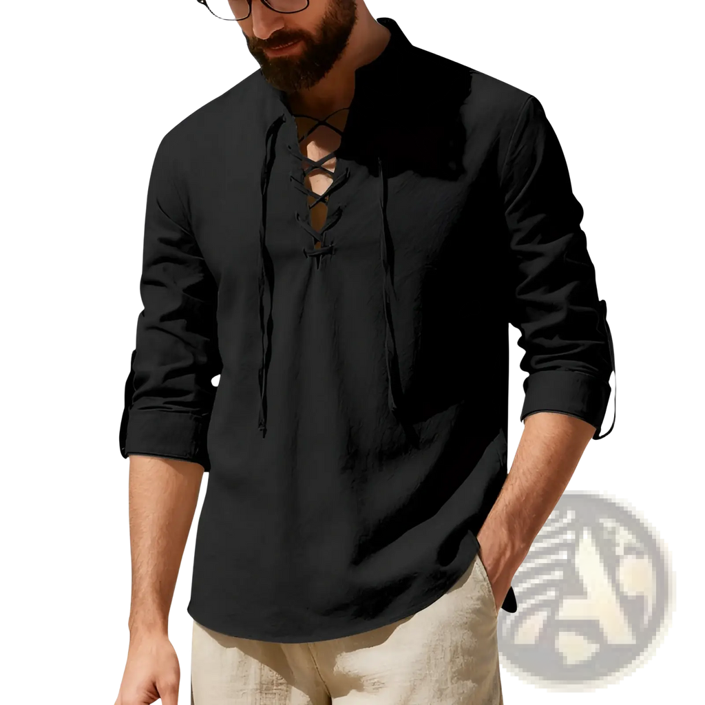 Men's Lace Up Linen Henley Shirt with Roll Up Sleeves