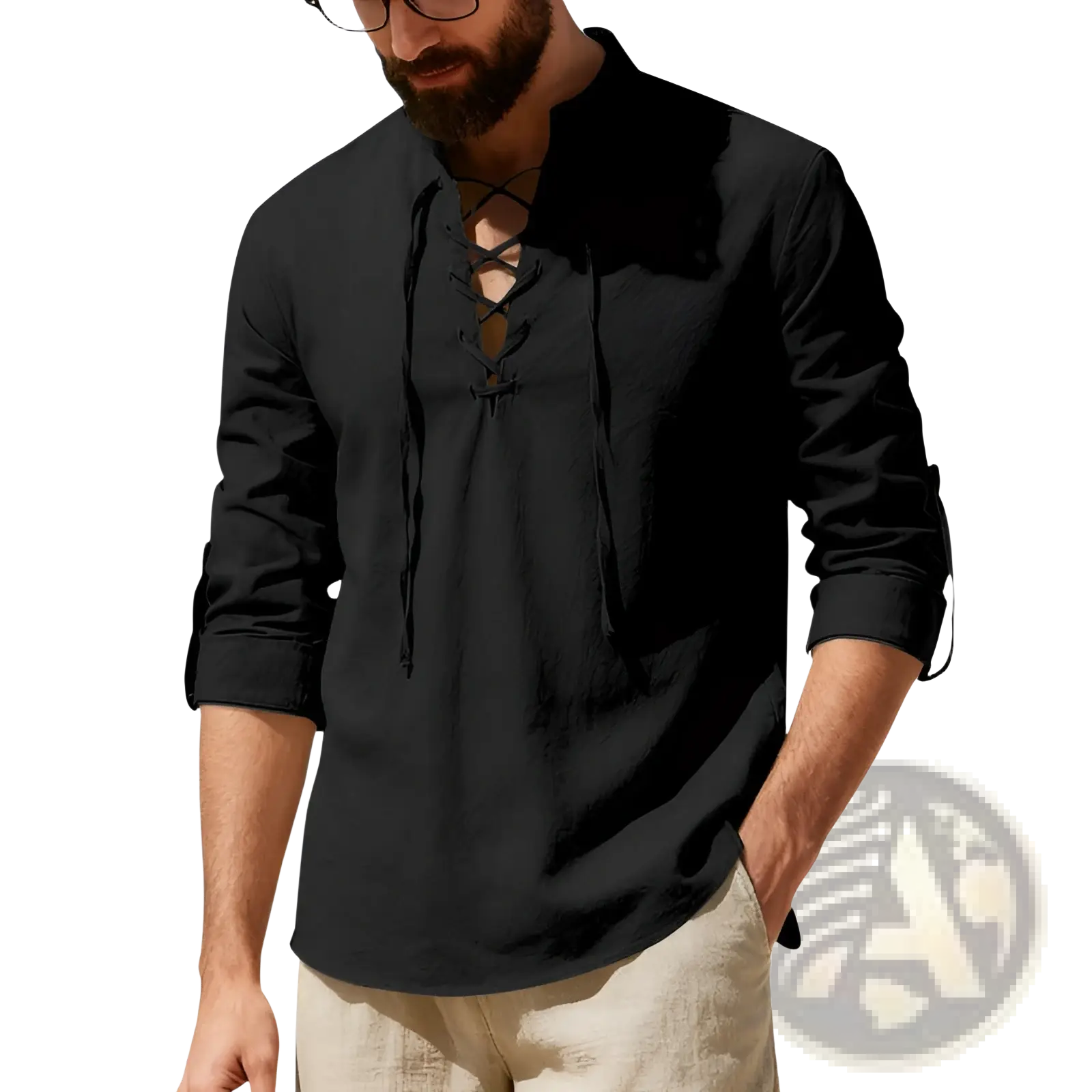 Men's Lace Up Linen Henley Shirt with Roll Up Sleeves