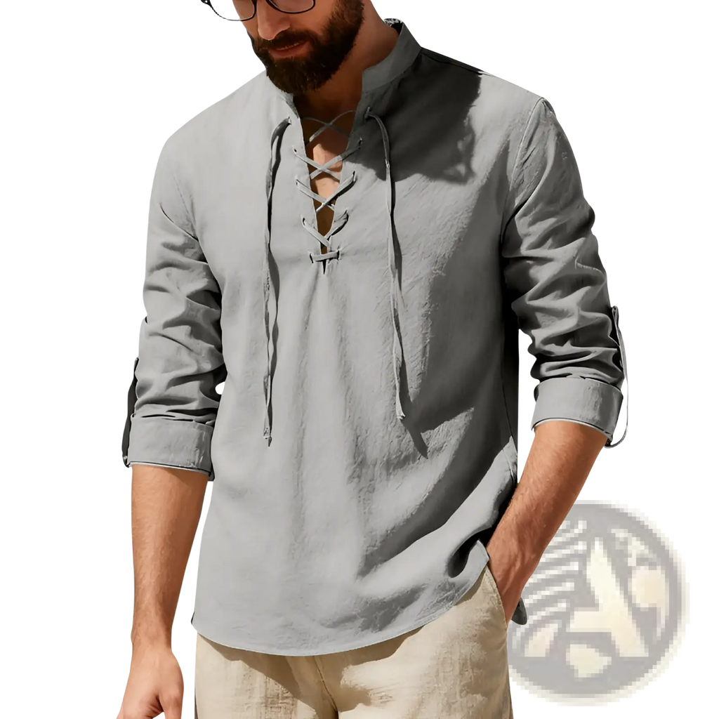 Men's Lace Up Linen Henley Shirt with Roll Up Sleeves