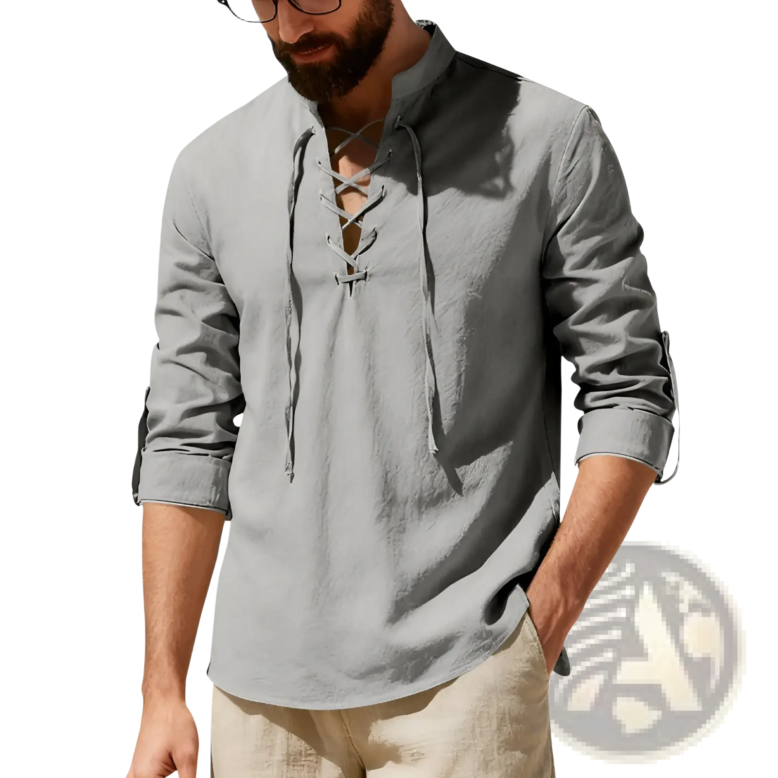 Men's Lace Up Linen Henley Shirt with Roll Up Sleeves