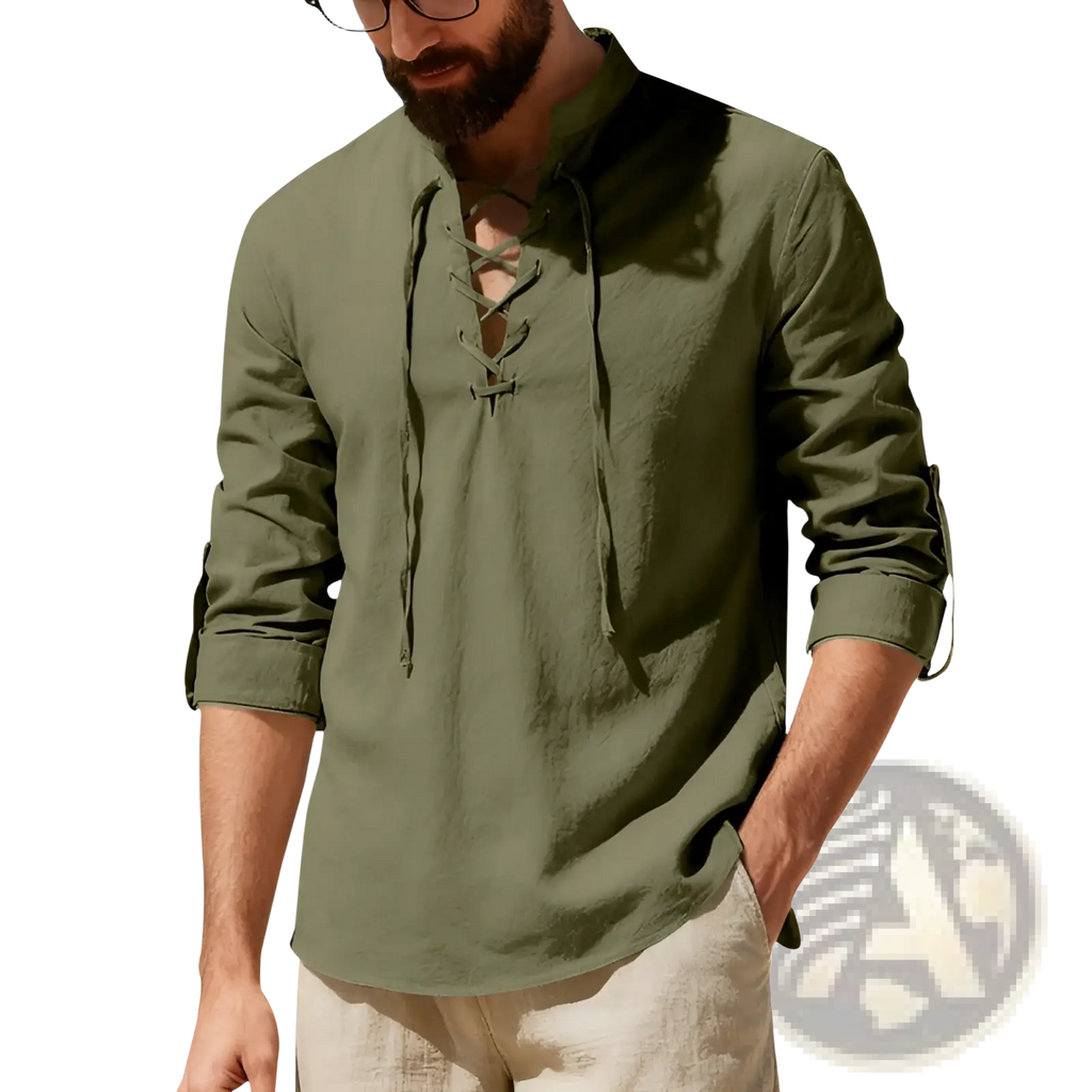 Men's Lace Up Linen Henley Shirt with Roll Up Sleeves