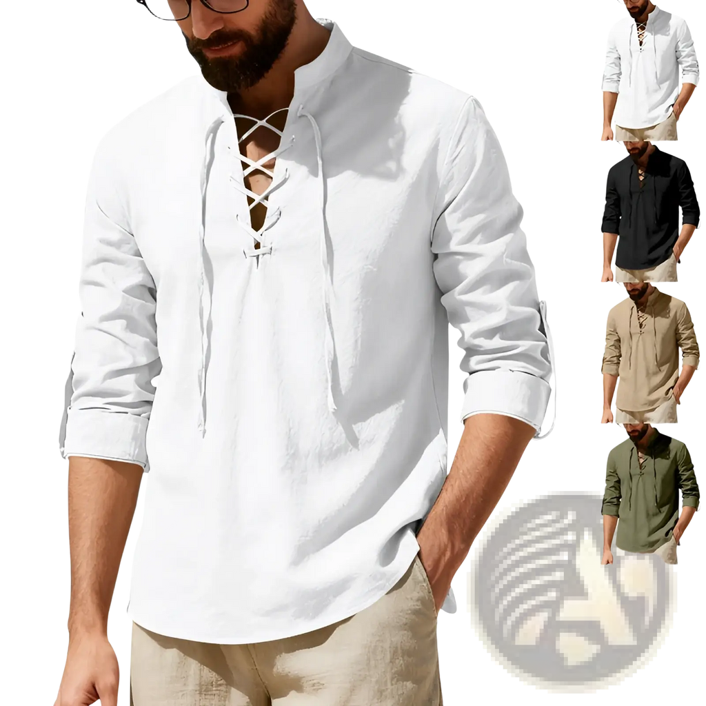 Men's Lace Up Linen Henley Shirt with Roll Up Sleeves